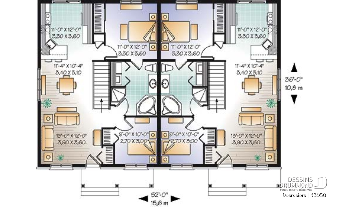 Rez-de-chaussée - Plan de maison jumelé, 2 chambres, belle galerie avant, buanderie au rez-de-chaussée, comptoir-lunch - Desrosiers