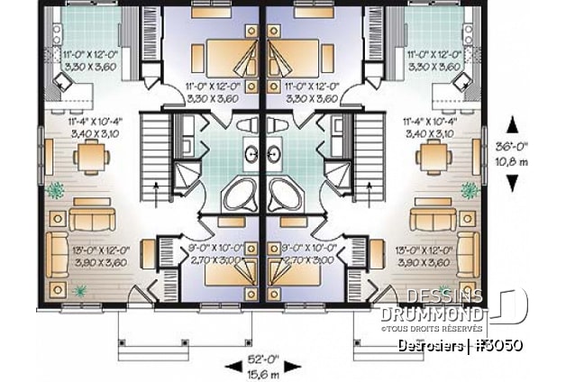 Rez-de-chaussée - Plan de maison jumelé, 2 chambres, belle galerie avant, buanderie au rez-de-chaussée, comptoir-lunch - Desrosiers