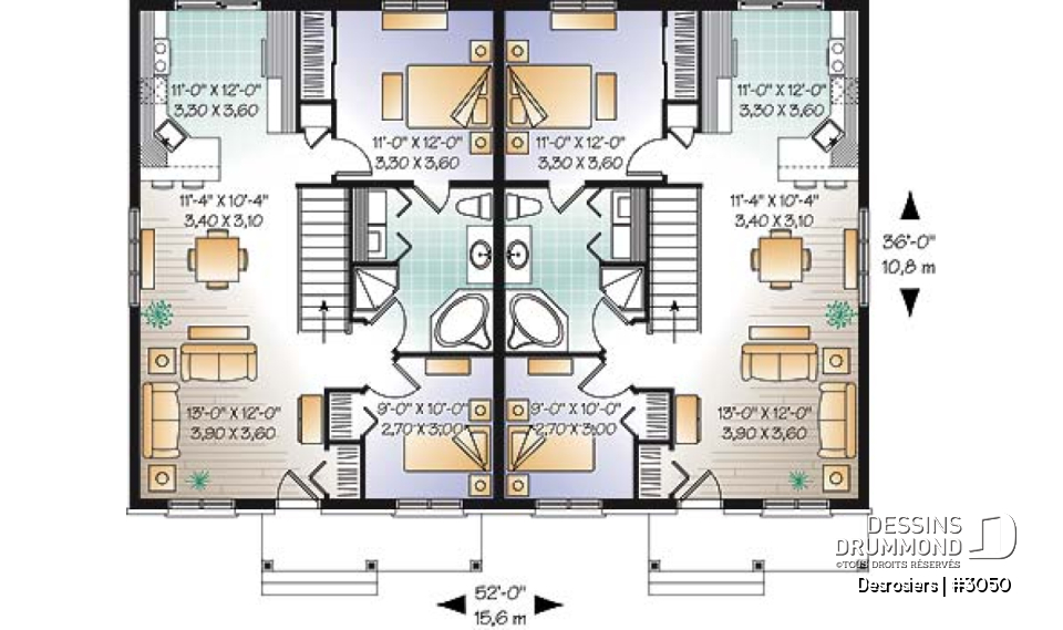 Rez-de-chaussée - Plan de maison jumelé, 2 chambres, belle galerie avant, buanderie au rez-de-chaussée, comptoir-lunch - Desrosiers