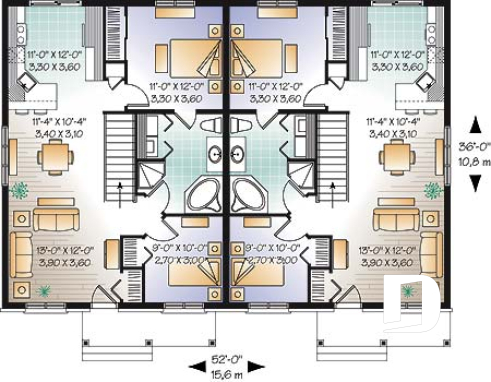 Rez-de-chaussée - Plan de maison jumelé, 2 chambres, belle galerie avant, buanderie au rez-de-chaussée, comptoir-lunch - Desrosiers