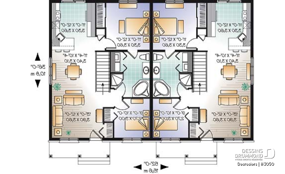 Rez-de-chaussée - Plan de maison jumelé, 2 chambres, belle galerie avant, buanderie au rez-de-chaussée, comptoir-lunch - Desrosiers