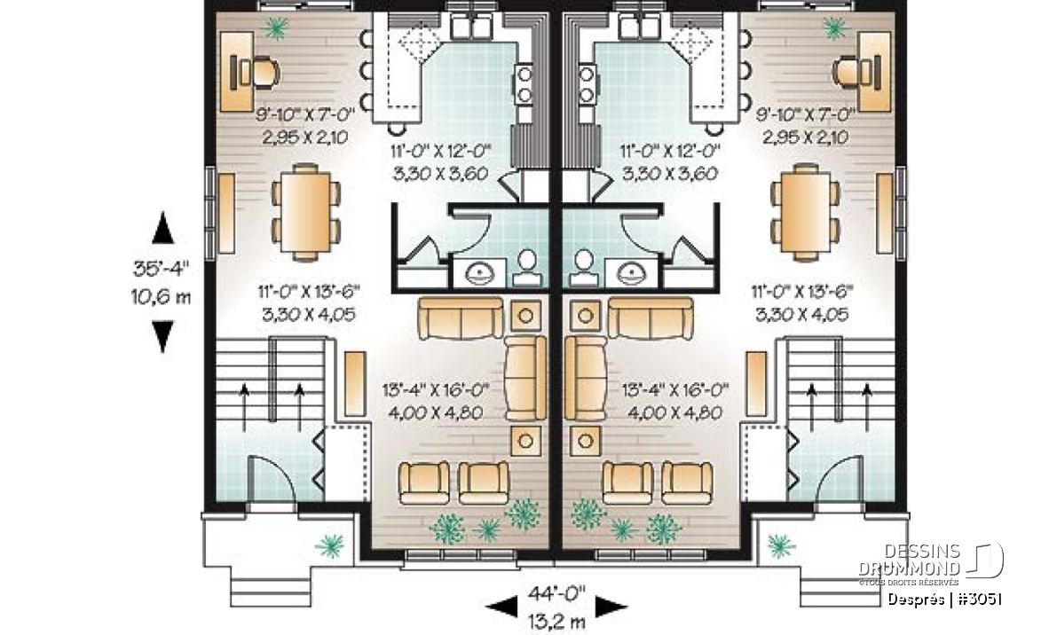 Rez-de-chaussée - Plan de maison jumelée, 3 chambres, coin ordinateur, grande cuisine, salle d'eau au r-d-c - Després