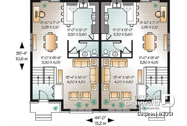 Rez-de-chaussée - Plan de maison jumelée, 3 chambres, coin ordinateur, grande cuisine, salle d'eau au r-d-c - Després