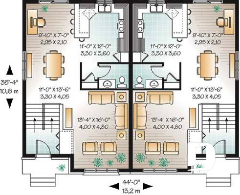 Rez-de-chaussée - Plan de maison jumelée, 3 chambres, coin ordinateur, grande cuisine, salle d'eau au r-d-c - Després
