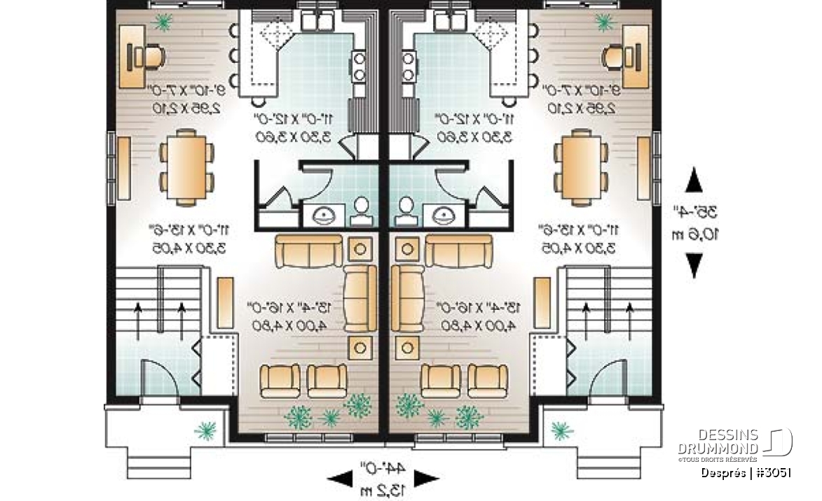 Rez-de-chaussée - Plan de maison jumelée, 3 chambres, coin ordinateur, grande cuisine, salle d'eau au r-d-c - Després