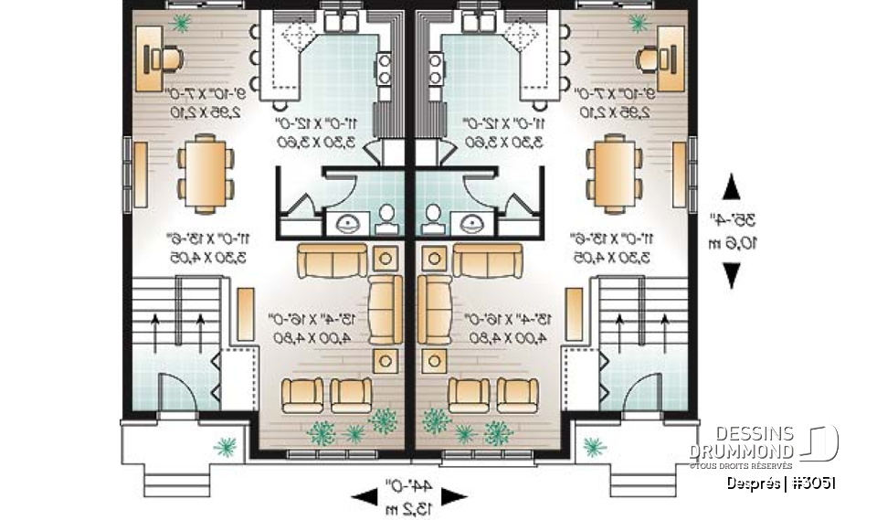 Rez-de-chaussée - Plan de maison jumelée, 3 chambres, coin ordinateur, grande cuisine, salle d'eau au r-d-c - Després