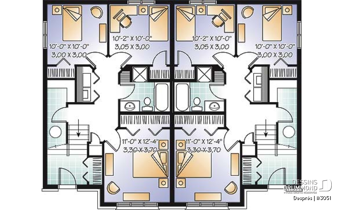 Sous-sol - Plan de maison jumelée, 3 chambres, coin ordinateur, grande cuisine, salle d'eau au r-d-c - Després