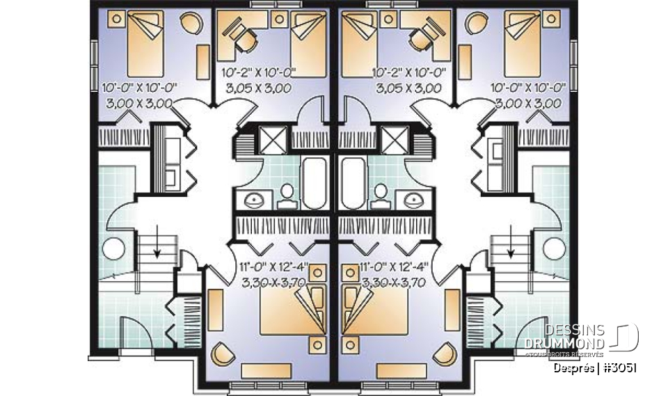 Sous-sol - Plan de maison jumelée, 3 chambres, coin ordinateur, grande cuisine, salle d'eau au r-d-c - Després