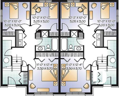 Sous-sol - Plan de maison jumelée, 3 chambres, coin ordinateur, grande cuisine, salle d'eau au r-d-c - Després