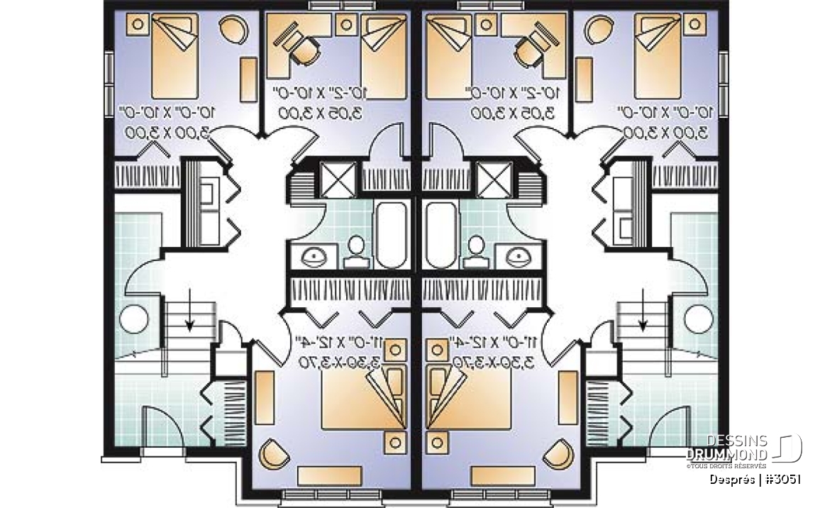 Sous-sol - Plan de maison jumelée, 3 chambres, coin ordinateur, grande cuisine, salle d'eau au r-d-c - Després