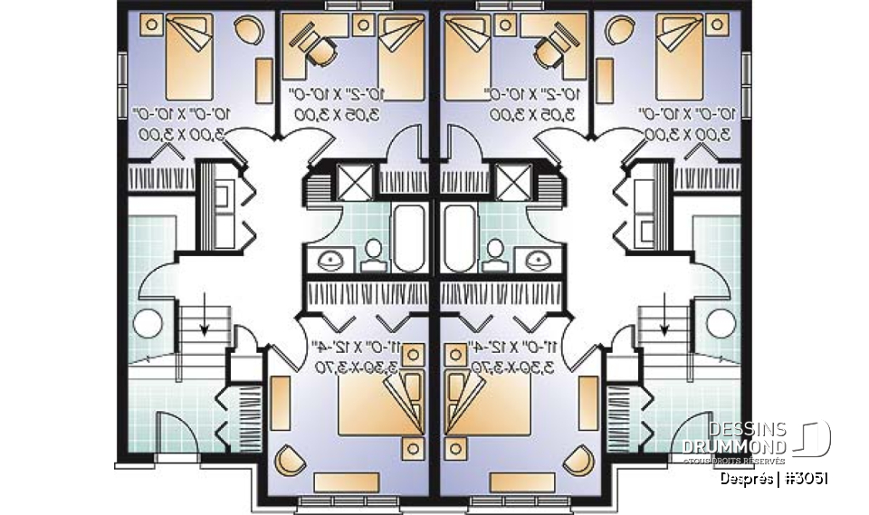 Sous-sol - Plan de maison jumelée, 3 chambres, coin ordinateur, grande cuisine, salle d'eau au r-d-c - Després