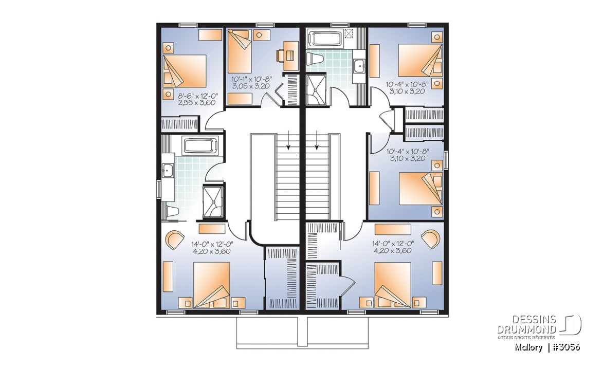 Étage - Plan de jumelé moderne à étage, 3 chambres par unité, 1.5 salle de bain, salle de lavage au rdc - Mallory 