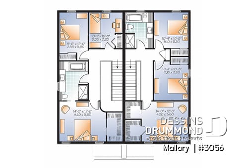 Étage - Plan de jumelé moderne à étage, 3 chambres par unité, 1.5 salle de bain, salle de lavage au rdc - Mallory 