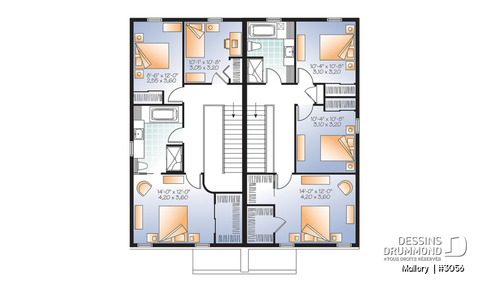 Étage - Plan de jumelé moderne à étage, 3 chambres par unité, 1.5 salle de bain, salle de lavage au rdc - Mallory 