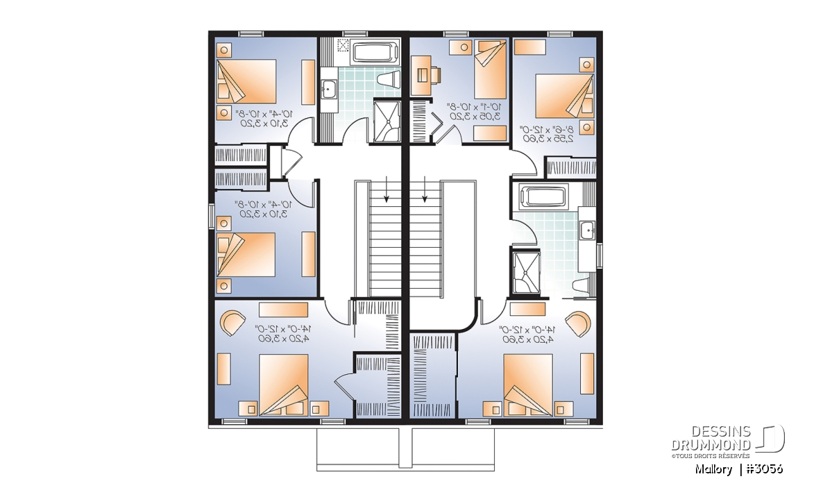 Étage - Plan de jumelé moderne à étage, 3 chambres par unité, 1.5 salle de bain, salle de lavage au rdc - Mallory 