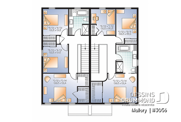 Étage - Plan de jumelé moderne à étage, 3 chambres par unité, 1.5 salle de bain, salle de lavage au rdc - Mallory 