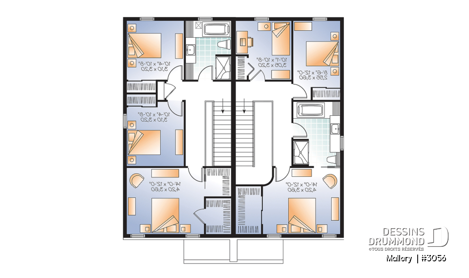Étage - Plan de jumelé moderne à étage, 3 chambres par unité, 1.5 salle de bain, salle de lavage au rdc - Mallory 
