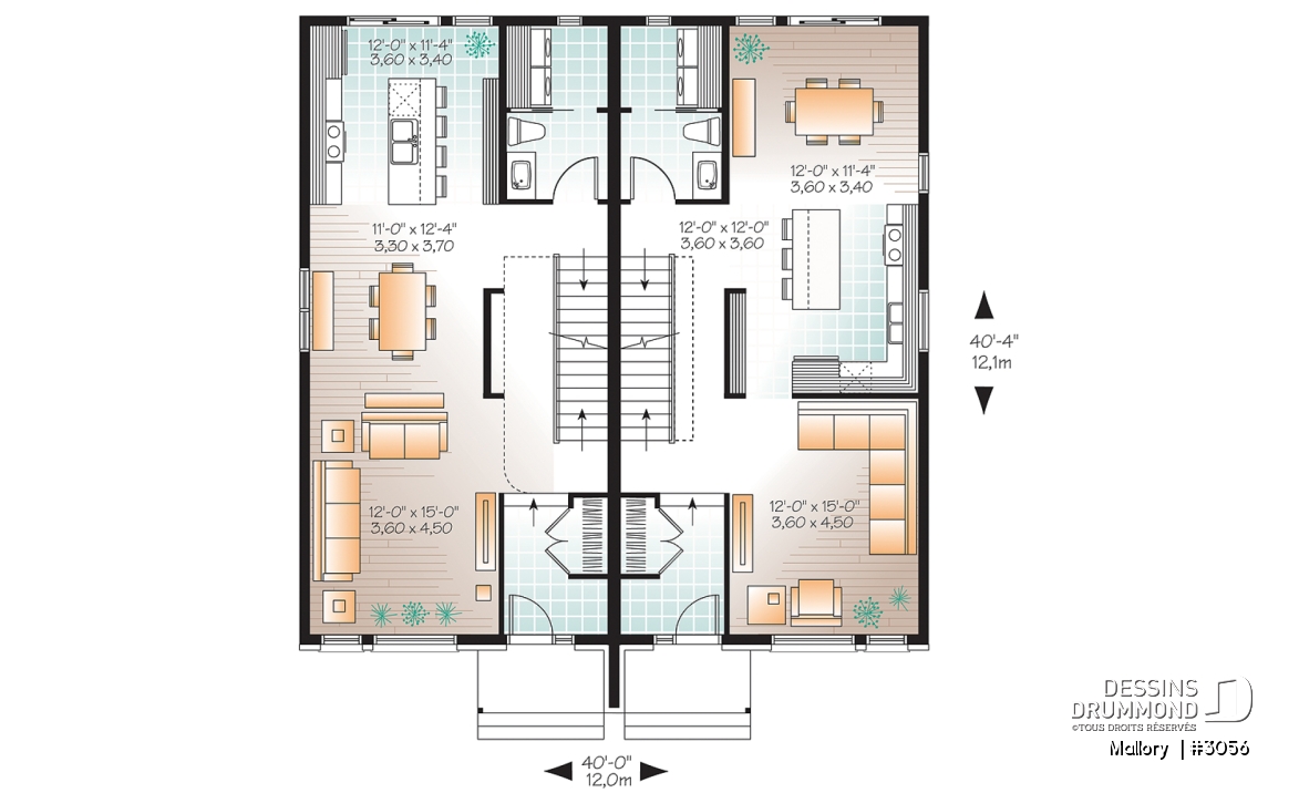 Rez-de-chaussée - Plan de jumelé moderne à étage, 3 chambres par unité, 1.5 salle de bain, salle de lavage au rdc - Mallory 