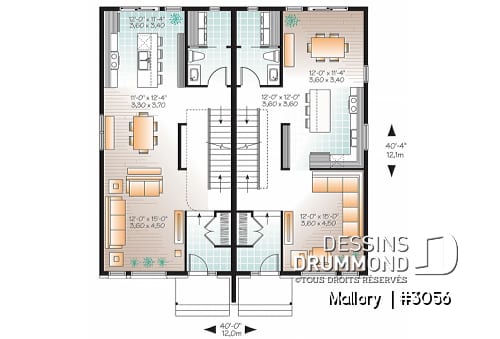 Rez-de-chaussée - Plan de jumelé moderne à étage, 3 chambres par unité, 1.5 salle de bain, salle de lavage au rdc - Mallory 