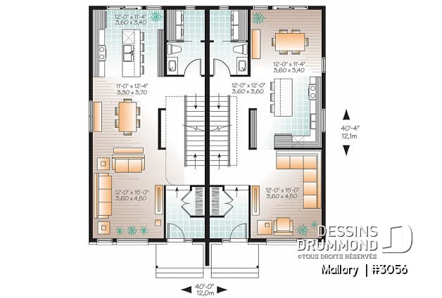 Rez-de-chaussée - Plan de jumelé moderne à étage, 3 chambres par unité, 1.5 salle de bain, salle de lavage au rdc - Mallory 