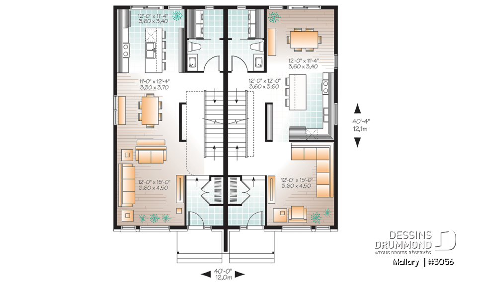 Rez-de-chaussée - Plan de jumelé moderne à étage, 3 chambres par unité, 1.5 salle de bain, salle de lavage au rdc - Mallory 