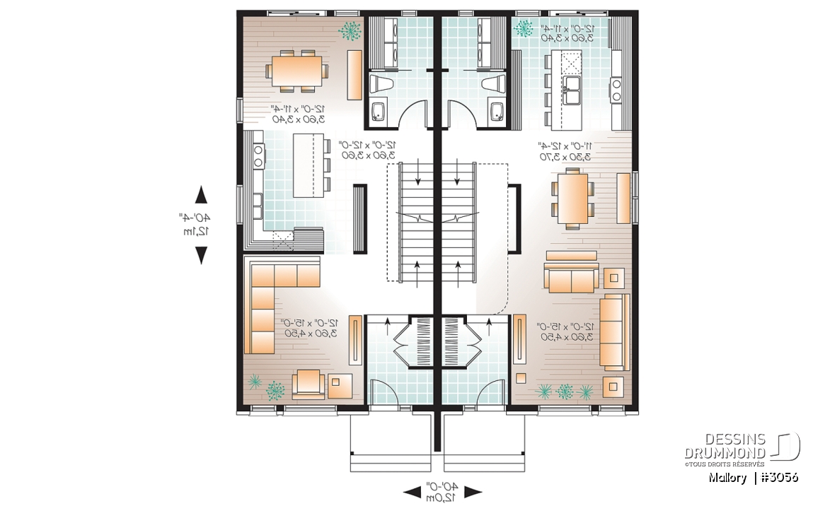 Rez-de-chaussée - Plan de jumelé moderne à étage, 3 chambres par unité, 1.5 salle de bain, salle de lavage au rdc - Mallory 