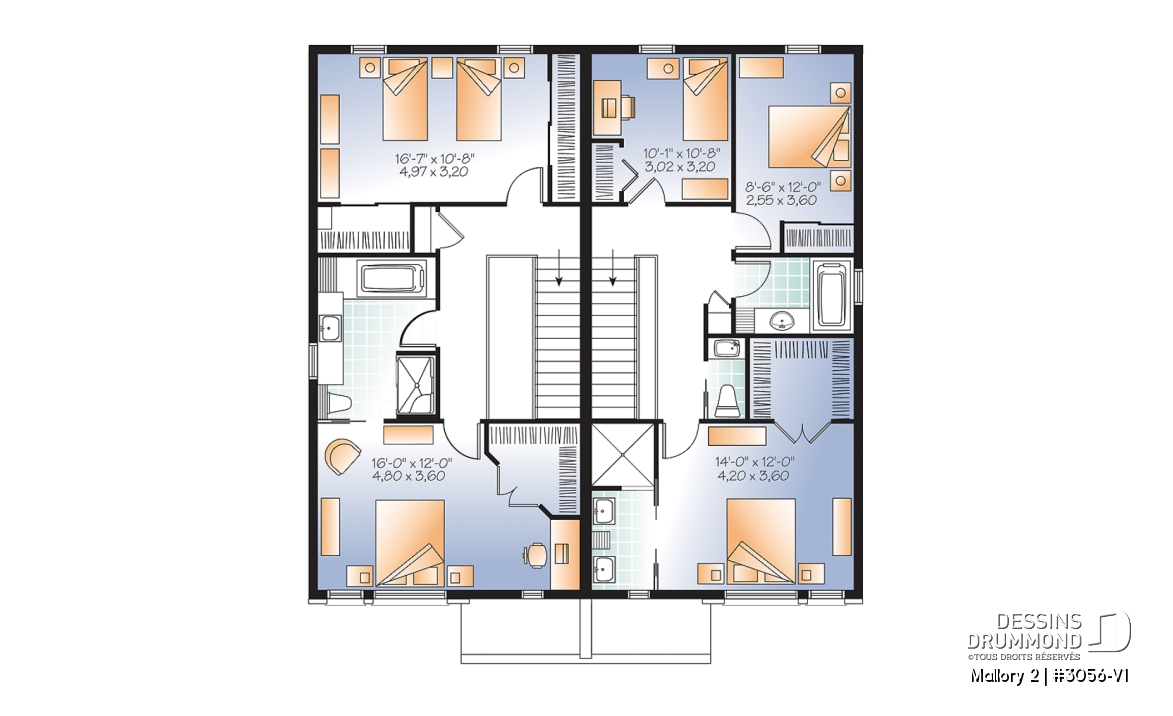 Étage - Plan de semi-détaché à étage, contemporain, option 2 ou 3 chambres, sous-sol aménageable - Mallory 2