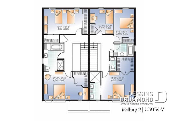 Étage - Plan de semi-détaché à étage, contemporain, option 2 ou 3 chambres, sous-sol aménageable - Mallory 2