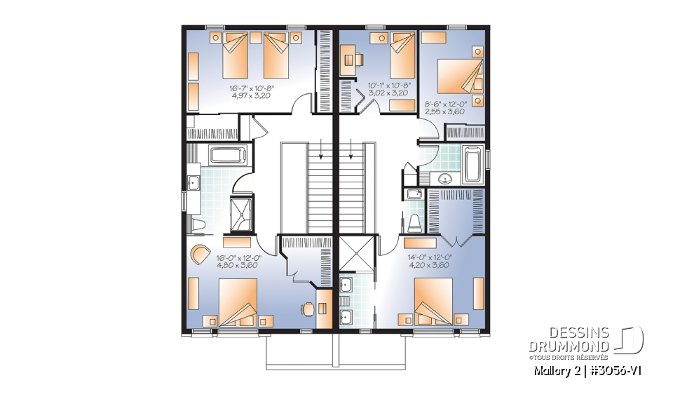 Étage - Plan de semi-détaché à étage, contemporain, option 2 ou 3 chambres, sous-sol aménageable - Mallory 2