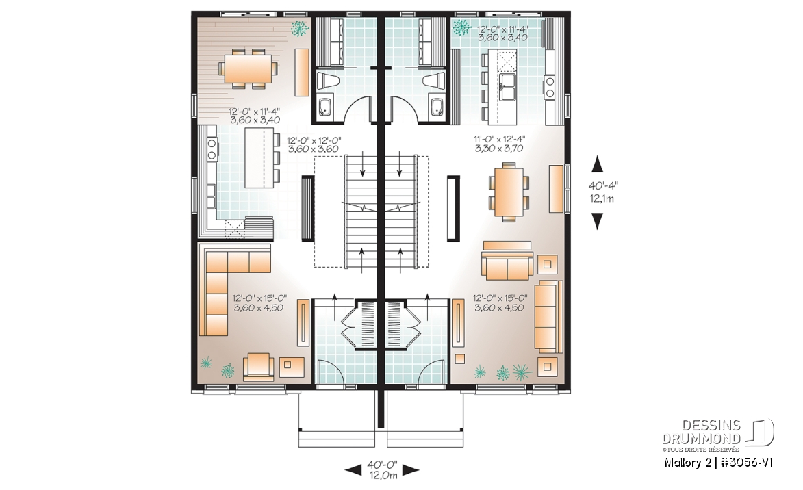 Rez-de-chaussée - Plan de semi-détaché à étage, contemporain, option 2 ou 3 chambres, sous-sol aménageable - Mallory 2