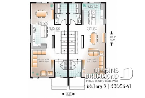 Rez-de-chaussée - Plan de semi-détaché à étage, contemporain, option 2 ou 3 chambres, sous-sol aménageable - Mallory 2