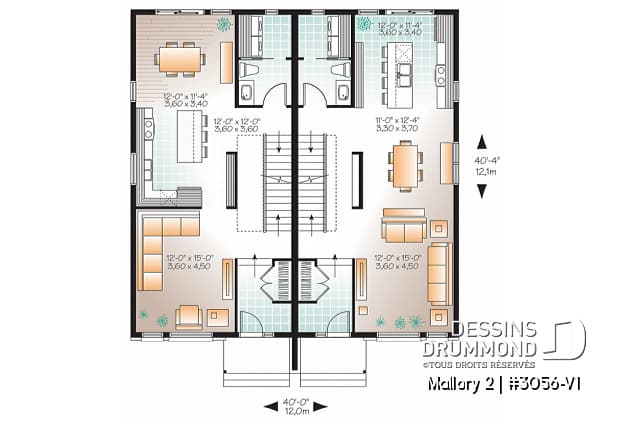 Rez-de-chaussée - Plan de semi-détaché à étage, contemporain, option 2 ou 3 chambres, sous-sol aménageable - Mallory 2