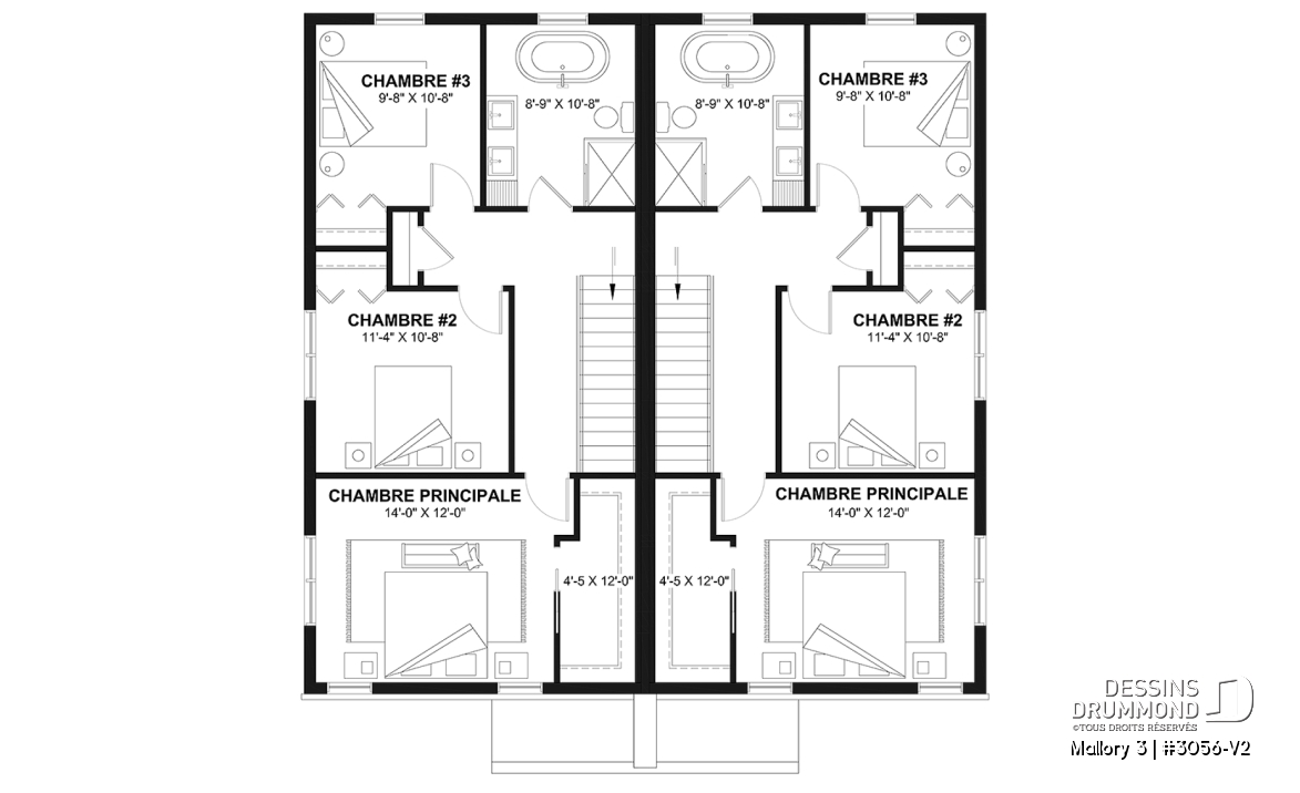 Étage - Plan de maison jumelée contemporaine, sous-sol aménagé optionnel ($), 3 à 4+ chambres + bureau à chaque unité - Mallory 3