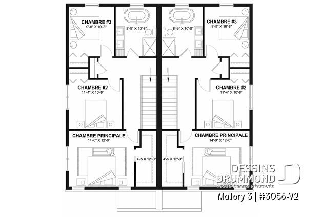 Étage - Plan de maison jumelée contemporaine, aménagée sur 3 étages, offrant 4 chambres + bureau à chaque unité - Mallory 3