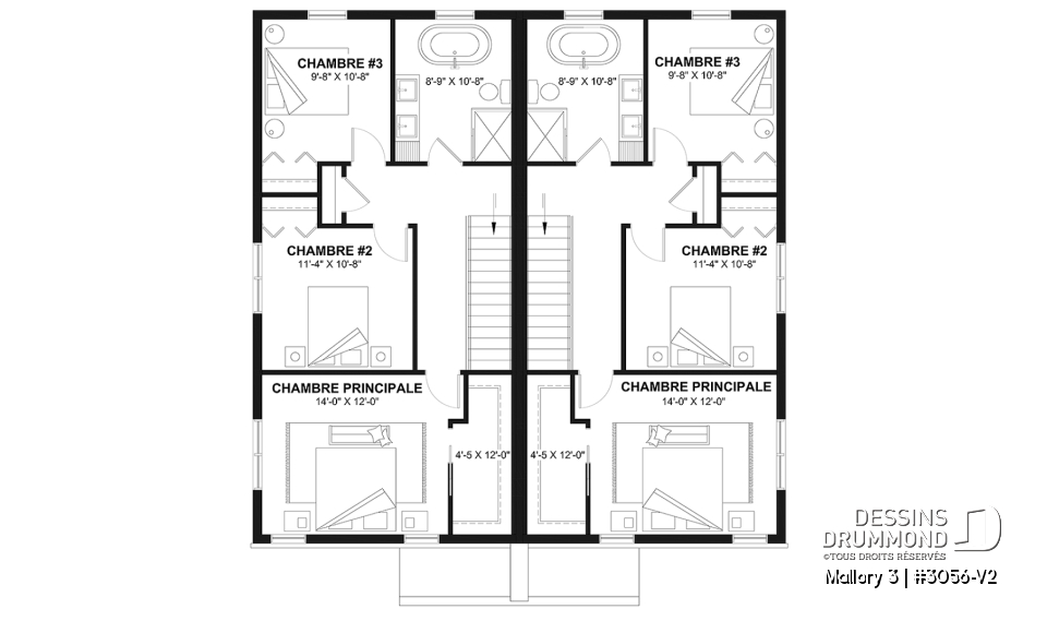 Étage - Plan de maison jumelée contemporaine, sous-sol aménagé optionnel ($), 3 à 4+ chambres + bureau à chaque unité - Mallory 3