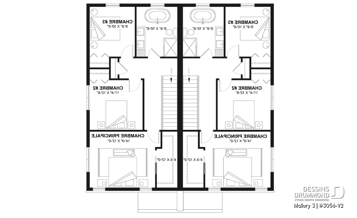 Étage - Plan de maison jumelée contemporaine, sous-sol aménagé optionnel ($), 3 à 4+ chambres + bureau à chaque unité - Mallory 3