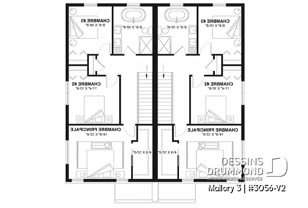 Étage - Plan de maison jumelée contemporaine, aménagée sur 3 étages, offrant 4 chambres + bureau à chaque unité - Mallory 3