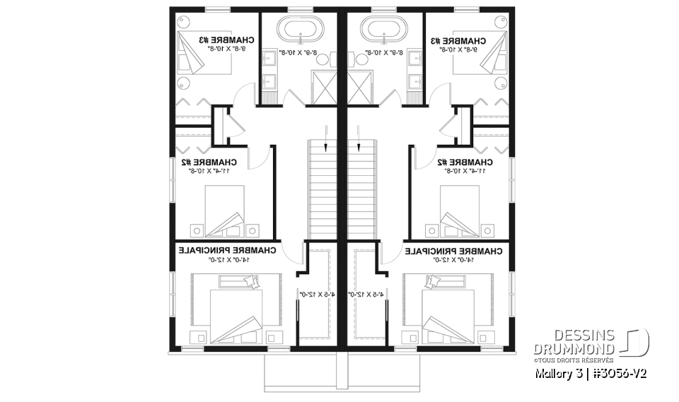 Étage - Plan de maison jumelée contemporaine, sous-sol aménagé optionnel ($), 3 à 4+ chambres + bureau à chaque unité - Mallory 3