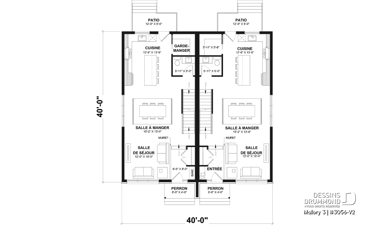Rez-de-chaussée - Plan de maison jumelée contemporaine, sous-sol aménagé optionnel ($), 3 à 4+ chambres + bureau à chaque unité - Mallory 3