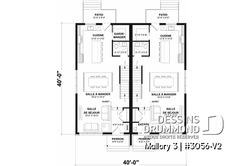 Rez-de-chaussée - Plan de maison jumelée contemporaine, aménagée sur 3 étages, offrant 4 chambres + bureau à chaque unité - Mallory 3
