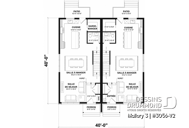 Rez-de-chaussée - Plan de maison jumelée contemporaine, aménagée sur 3 étages, offrant 4 chambres + bureau à chaque unité - Mallory 3