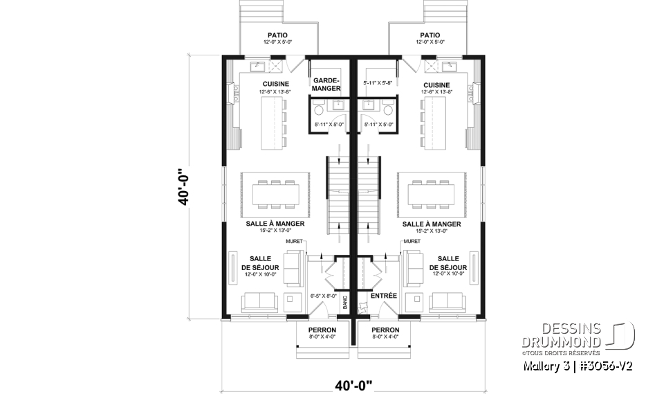 Rez-de-chaussée - Plan de maison jumelée contemporaine, sous-sol aménagé optionnel ($), 3 à 4+ chambres + bureau à chaque unité - Mallory 3
