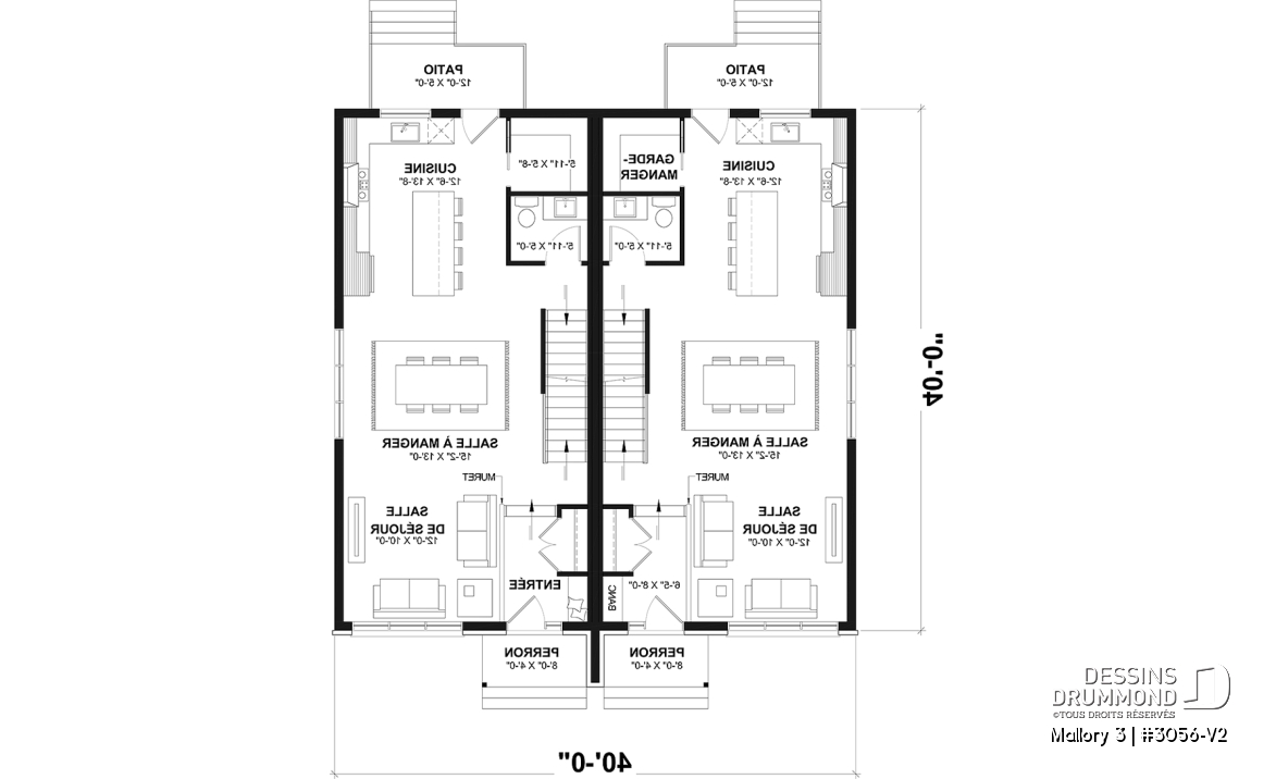 Rez-de-chaussée - Plan de maison jumelée contemporaine, sous-sol aménagé optionnel ($), 3 à 4+ chambres + bureau à chaque unité - Mallory 3
