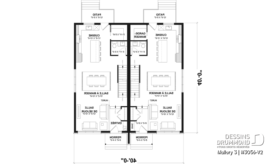 Rez-de-chaussée - Plan de maison jumelée contemporaine, sous-sol aménagé optionnel ($), 3 à 4+ chambres + bureau à chaque unité - Mallory 3