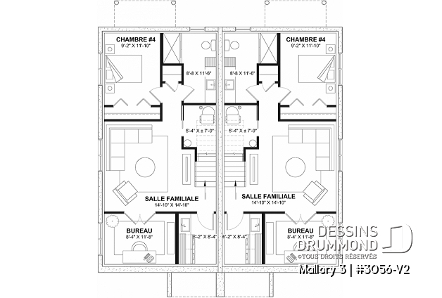 Sous-sol aménagé - Plan de maison jumelée contemporaine, sous-sol aménagé optionnel ($), 3 à 4+ chambres + bureau à chaque unité - Mallory 3