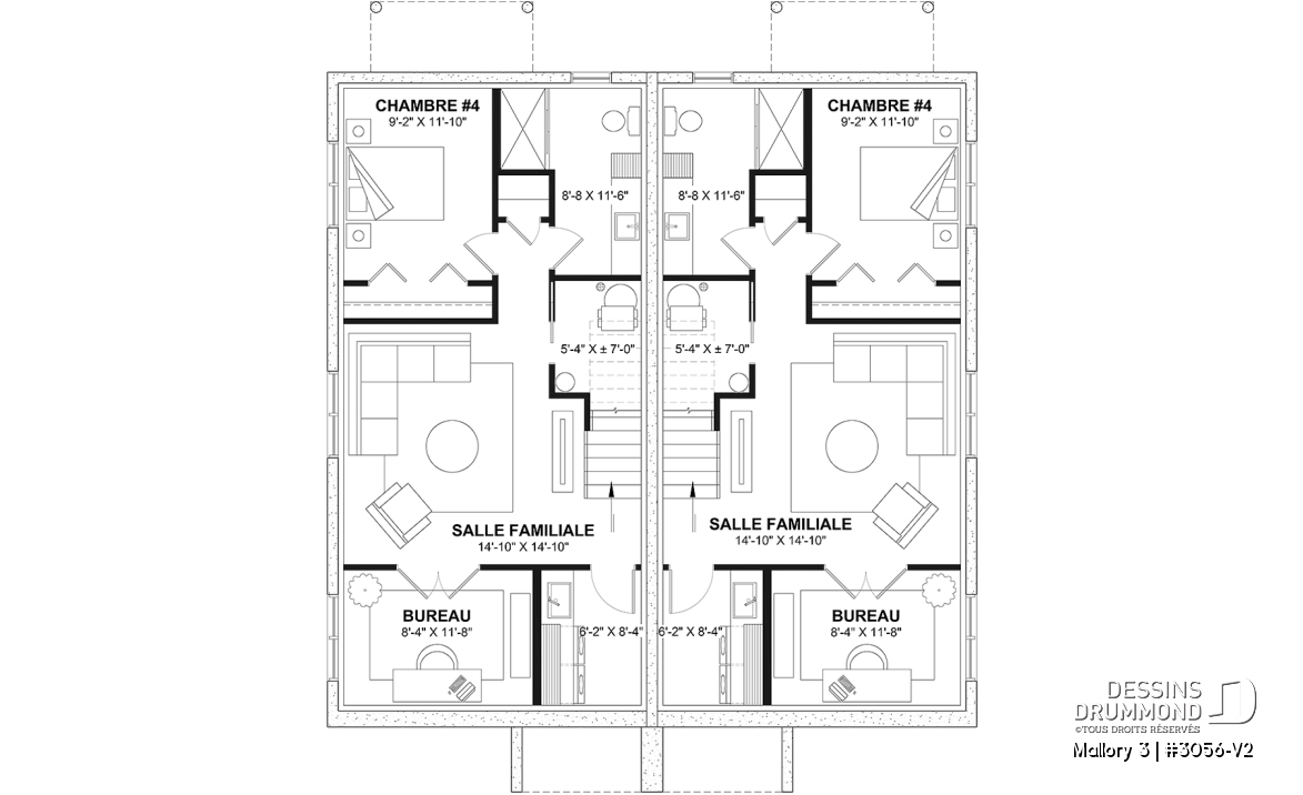 Sous-sol aménagé (Optionel $) - Plan de maison jumelée contemporaine, sous-sol aménagé optionnel ($), 3 à 4+ chambres + bureau à chaque unité - Mallory 3