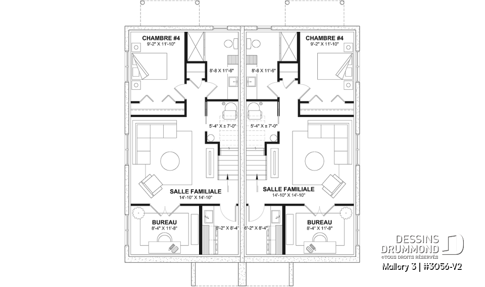 Sous-sol aménagé (Optionel $) - Plan de maison jumelée contemporaine, sous-sol aménagé optionnel ($), 3 à 4+ chambres + bureau à chaque unité - Mallory 3