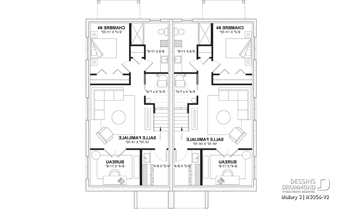 Sous-sol aménagé (Optionel $) - Plan de maison jumelée contemporaine, sous-sol aménagé optionnel ($), 3 à 4+ chambres + bureau à chaque unité - Mallory 3