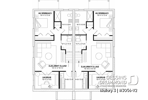 Sous-sol aménagé (Optionel $) - Plan de maison jumelée contemporaine, sous-sol aménagé optionnel ($), 3 à 4+ chambres + bureau à chaque unité - Mallory 3