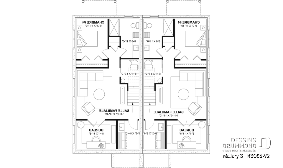 Sous-sol aménagé (Optionel $) - Plan de maison jumelée contemporaine, sous-sol aménagé optionnel ($), 3 à 4+ chambres + bureau à chaque unité - Mallory 3